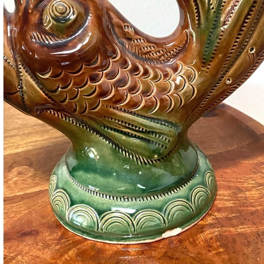 Vtg Majolica Fish Ceramic Candelabra Skopinskaya‎ Mid Century Set of 2 Folk Art